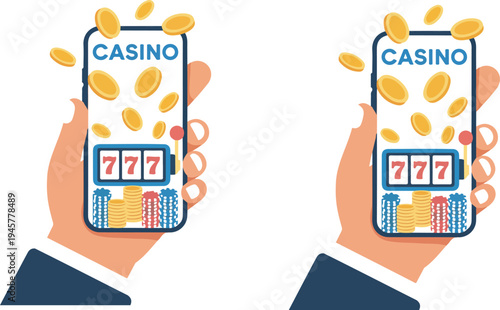 Mobile casino slot machine game illustration with hands holding smartphones showing jackpot 777 symbols in flat design