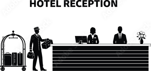 Hotel reception silhouette featuring bellboy with luggage cart, professional front desk clerks, lobby counter, and suitcases for luxury hospitality, travel, and guest service concepts.