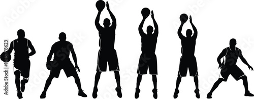 Basketball player silhouette set showing shooting motion and dribbling poses, professional male athlete action collection, flat vector illustration for tournament, competition, training, game