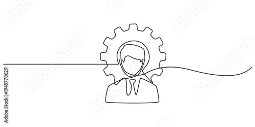 Technical expert symbol vector one line drawing, Technical Support Icon vector - Gear, Person, and Briefcase, The concept of a group of technical professionals. Vector icon isolated.