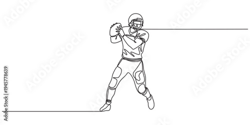 Continuous line drawing of an american football quarterback preparing to throw a pass on the field. Minimalist continuous line drawing of an American football sport game ,