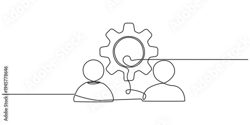 Technical expert symbol vector one line drawing, Technical Support Icon vector - Gear, Person, and Briefcase, The concept of a group of technical professionals. Vector icon isolated.