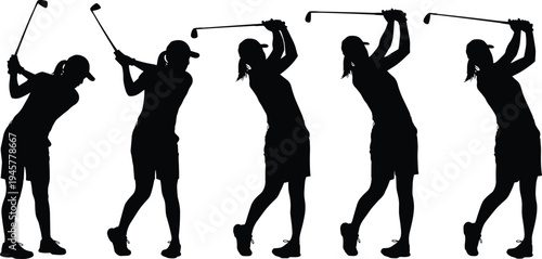 Female golfer swing silhouettes sequence showing golf club backswing and follow through motion, woman golf player action poses isolated on white background sports collection