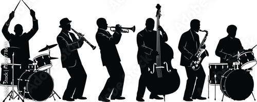 Jazz music band silhouette set with professional musicians playing trumpet, saxophone, drums, double bass, clarinet, flat vector illustration for concert, festival, event