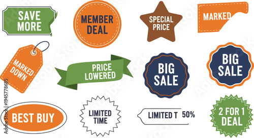 Sale labels, discount tags, promotional stickers, special offer signs, price cut icons, member deal, best buy, limited time, big sale