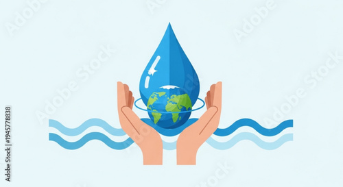 Hands holding a water droplet with earth inside symbolizing global water conservation and sustainability