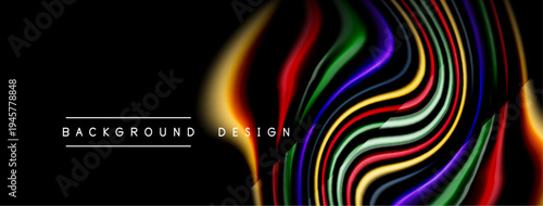 Abstract colorful waves flow across black background. Dynamic lines create modern design element. Vivid hues offer visual interest.