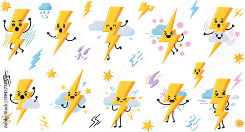 Cute lightning bolt cartoon characters with storm clouds, rain and electric sparks, funny weather electricity mascots vector illustration set