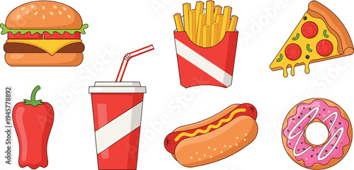 Fast food cartoon icons set with burger, french fries, soda drink, pizza slice, hot dog, donut and pepper vector illustration