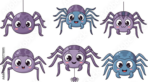 Cute cartoon spider characters collection vector set, adorable Halloween arachnid mascots with big eyes for kids stickers, decorations and spooky design