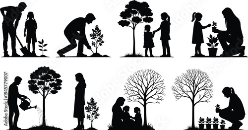 Family gardening silhouettes set showing parents and children planting trees, watering plants and caring for nature, eco lifestyle and environmental education isolated on white background