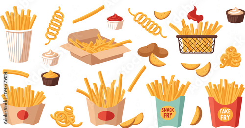 French fries fast food collection with potato wedges, curly fries, dipping sauces and takeaway boxes, crispy snack street food vector illustration set