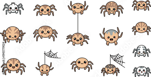 Cute spider cartoon characters collection with different expressions and spider webs vector set for Halloween decoration, stickers and kids illustration design