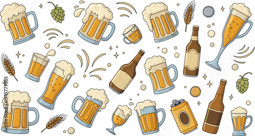 Hand drawn beer mug, bottle and glass seamless pattern with hops and wheat elements, Oktoberfest festival background illustration for brewery, pub menu, bar wallpaper design