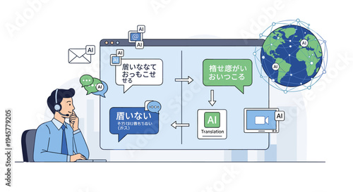 Customer service agent with headset uses AI translation and global communication.