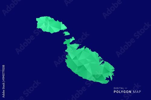 Malta Map - low poly polygon vector, geometric triangulated silhouette in green and blue tones, clean modern style, isolated background for infographic use.