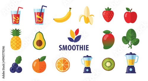 Healthy Smoothie Ingredients and Tools Illustration for Wellness and Nutritional Concepts