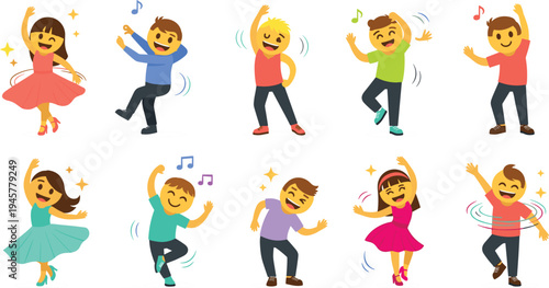 Happy kids dancing with music notes, joyful children party celebration cartoon characters jumping and moving vector illustration set for fun and entertainment themes