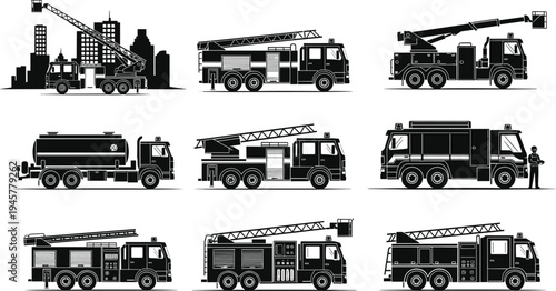 Fire truck silhouettes collection with ladder trucks, rescue vehicles and emergency firefighting equipment, fire department transport isolated on white background industrial vehicle set
