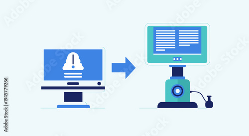 Blue monitor with alert transforms into teal futuristic monitor displaying text.