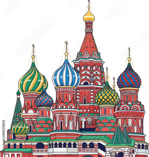 Saint Basil’s Cathedral in Moscow vector illustration, colorful Russian landmark with onion domes, famous Red Square architecture travel destination design