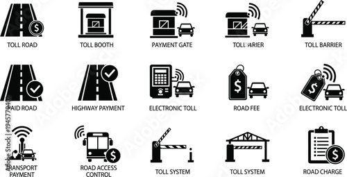 Toll road booth payment gate barrier icon collection, highway fee transport system vector, electronic toll graphic design, infrastructure clipart resource