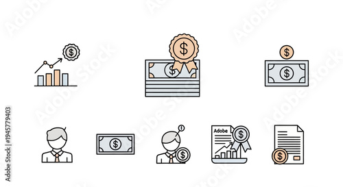 Illustrated financial concepts featuring money, growth, and business representation