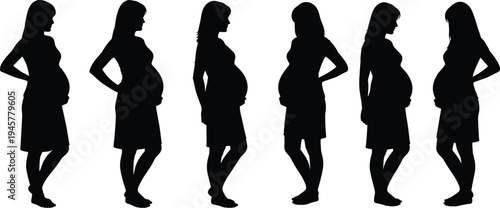 Pregnant woman silhouettes collection, maternity pregnancy body shapes, expecting mother standing poses, motherhood healthcare lifestyle vector illustration set