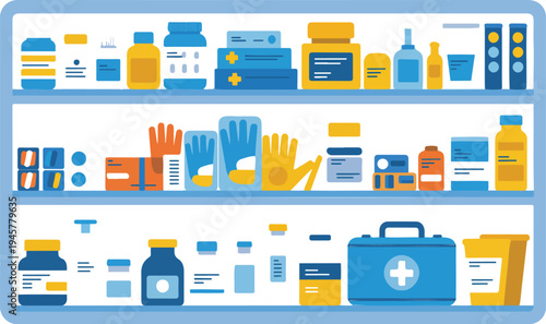 Pharmacy shelves with medicine bottles pills first aid kit and medical supplies flat vector illustration isolated on white background