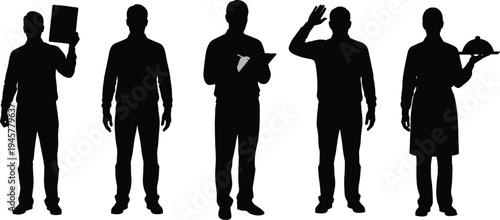 Restaurant staff silhouettes collection, waiter and service workers holding menu tray and notepad, hospitality profession vector illustration set