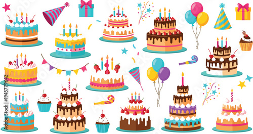 Birthday cake collection with candles, balloons, party hats and cupcakes, colorful celebration dessert vector illustration set for party decoration and greeting design