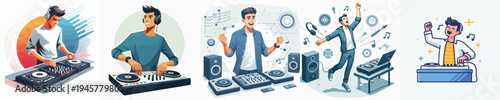 vector of young man playing Disc Jockey