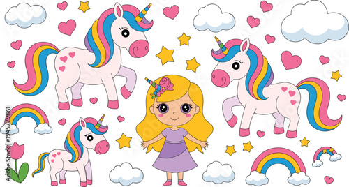 Adorable fairy tale sticker set featuring cute pink unicorns with rainbow manes, a little princess girl, clouds, stars, and hearts for kids, 18 words.