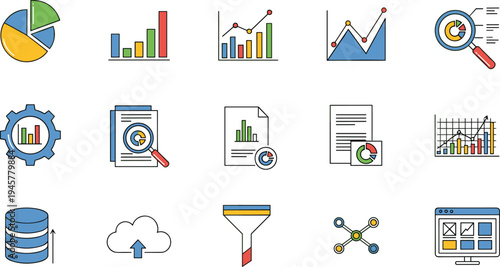 Business analytics and data visualization icon set with pie chart, bar graph, financial report analysis, database storage, cloud upload and marketing dashboard