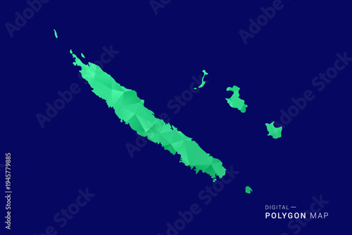 New Caledonia Map - low poly polygon vector, geometric triangulated silhouette in green and blue tones, clean modern style, isolated background for infographic use.
