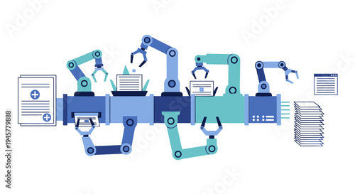 Robotic arms on an assembly line process documents and boxes from left to right.