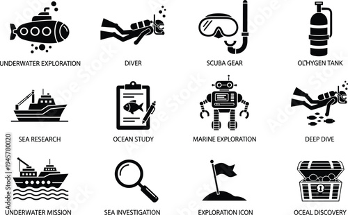 Underwater exploration icons, diver, scuba gear, oxygen tank, research vessel, ocean study, marine exploration, deep dive, sea investigation, ocean discovery