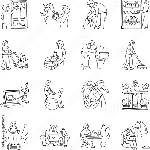 Set of Hand Drawn Work and Daily Routine Illustrations 
