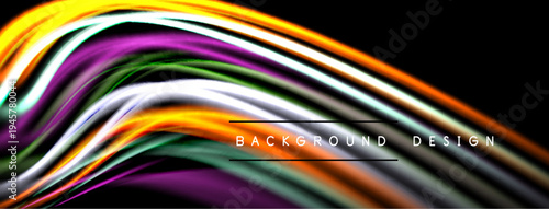 Abstract colorful waves flow across black background. Dynamic lines create modern design element. Vivid hues offer visual interest.