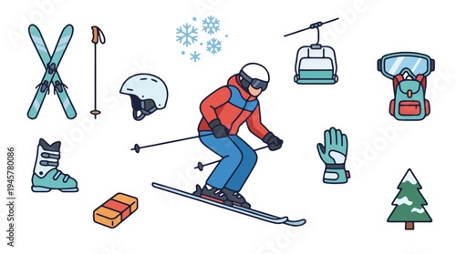 Man Skiing on Snow with Winter Sports and Equipment Icons Set