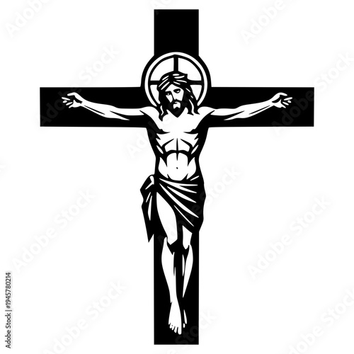 A minimalist vector graphic illustration of Jesus Christ on the cross with a halo