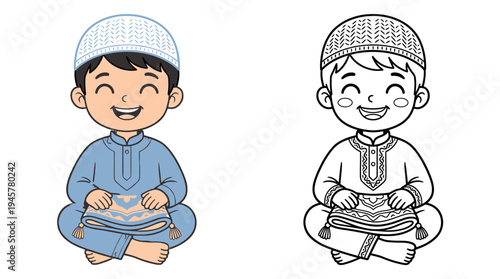 Joyful young boy wearing traditional attire and a patterned cap, sitting cross-legged with a bright smile showcasing happiness