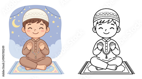 Adorable young boy practicing meditation in traditional attire with peaceful background