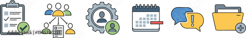 Business management and workflow icon set with checklist approval, team collaboration, user settings, schedule calendar, notification chat, and folder management vector icons