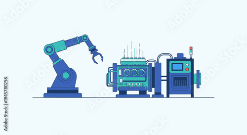 Robotic arm interacts with a teal industrial machine and control panel