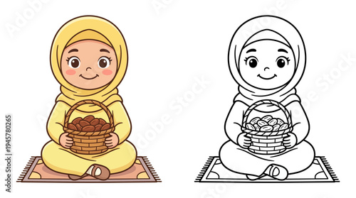 Adorable cartoon girl wearing hijab sitting on a prayer mat holding a basket of almonds in a colorful and minimalist illustration
