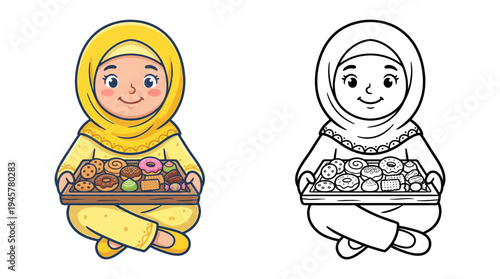 Adorable young girl in cheerful yellow hijab holding a tray of assorted cookies and treats with a joyful expression