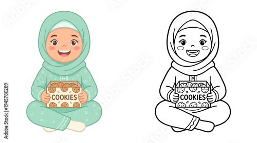 Adorable young girl in a flowing mint-green hijab and pajamas, sitting cross-legged while holding a box of cookies with a