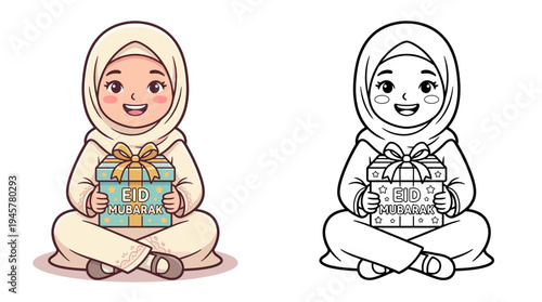 Adorable Muslim girl in traditional attire celebrating Eid with a gift box and joyful expression