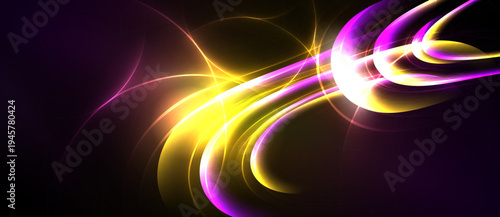 Abstract luminous curves, vibrant colors, dynamic composition. Purple, yellow glows dominate dark background. Energy radiates.